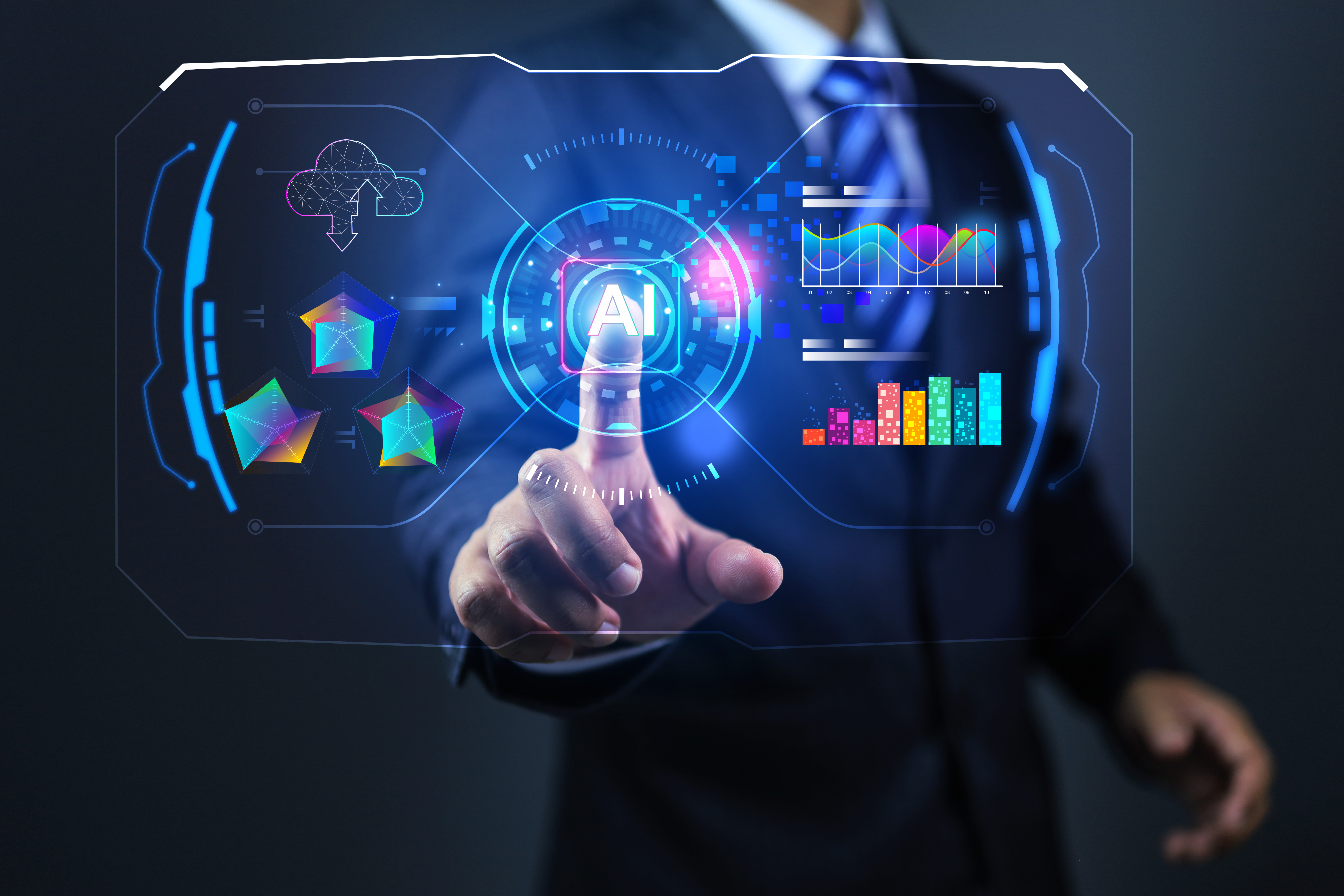 Businessman touch on virtual dash board ai interface screen to command for data summary from cloud computing big data and generative from artificial intelligence